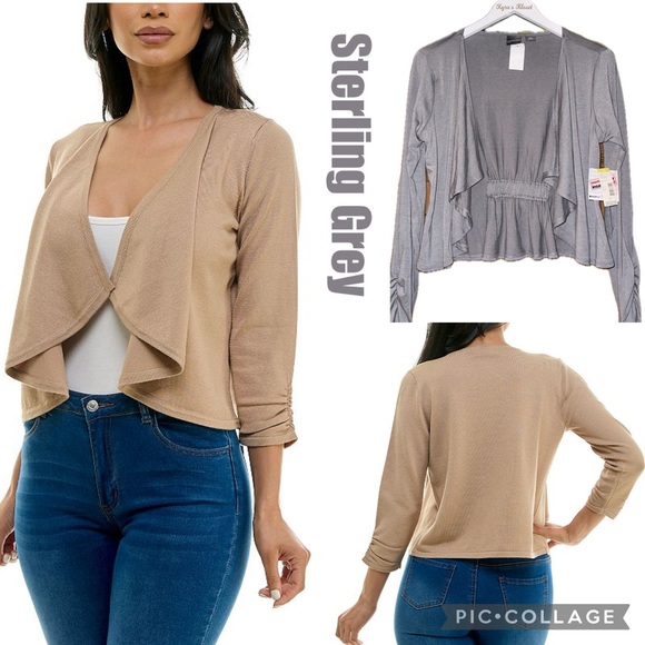 NWT! Covington Sterling Grey Ruched Long Sleeve Open Front Draped Shrug Cardigan - Picture 1 of 15